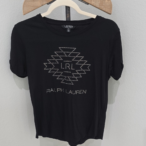 Ralph Lauren Black Short Sleeve Tee with Tribal Pattern Womens Medium - Picture 1 of 7
